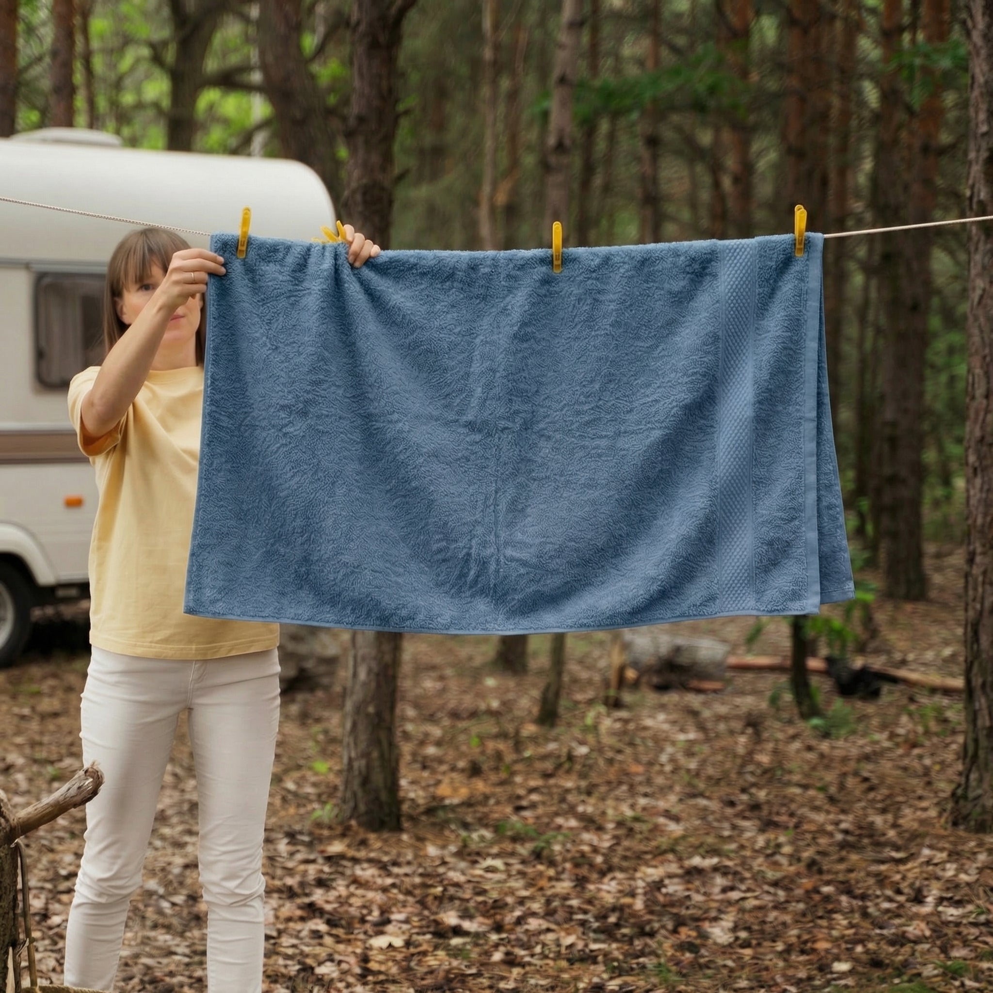 Détail de la texture éponge de la serviette bleue